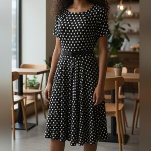 Nina Leonard Black & White Polka Dot Midi Dress 4055
